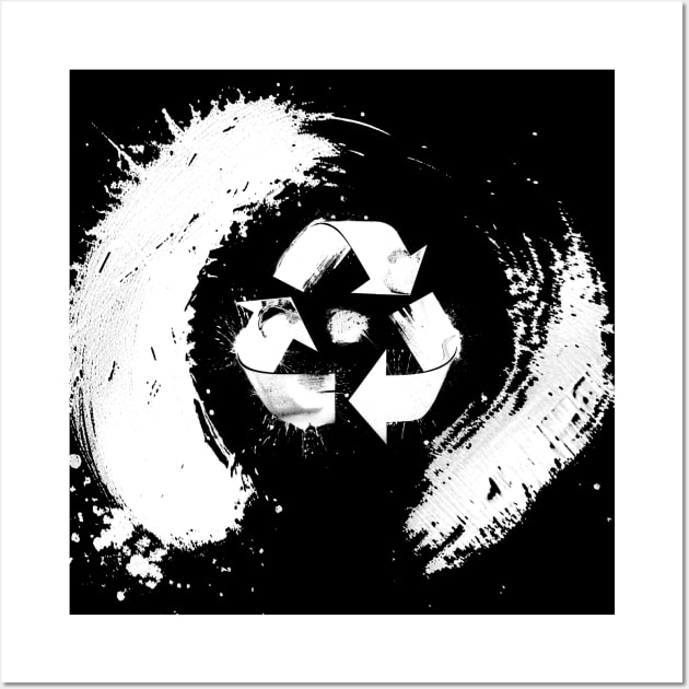 Earth Day: The Recycle Logo in the center of a Japanese Sumi Brush Enso (eternal circle)  on a Dark Background Wall Art by Puff Sumo